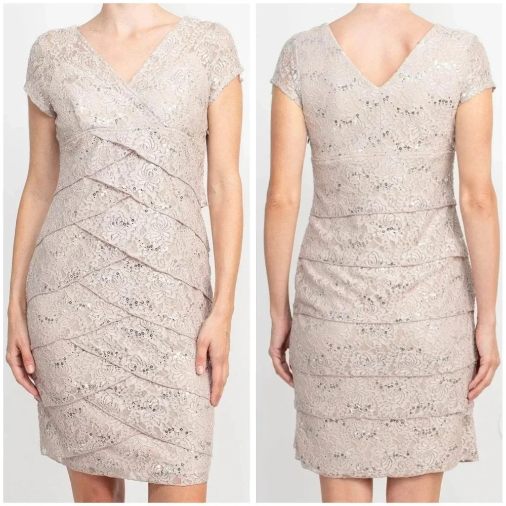 Scarlett Lace-Crafted Tiered Sheath Dress, Cream w/ Gold Sequins, EUC!